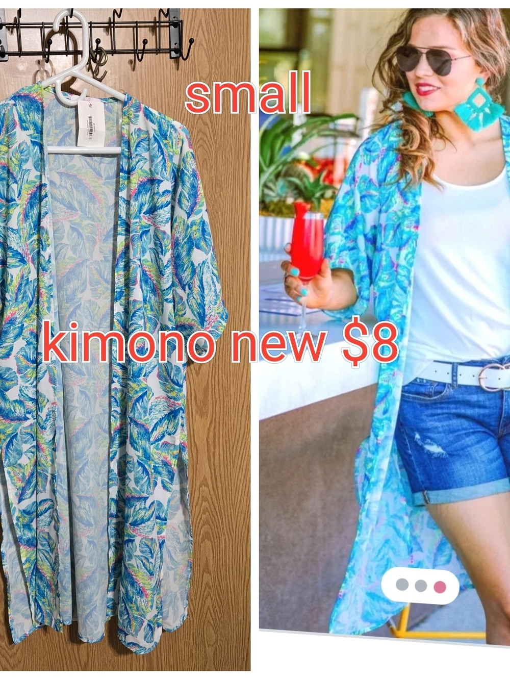 Lightweight Tropical Print Kimono - Blue & Green